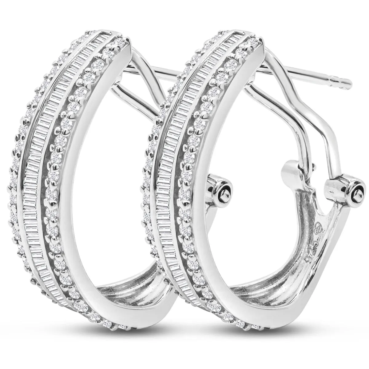 1 Carat Baguette and Round Colorless Diamond Hoop Earrings In Sterling Silver