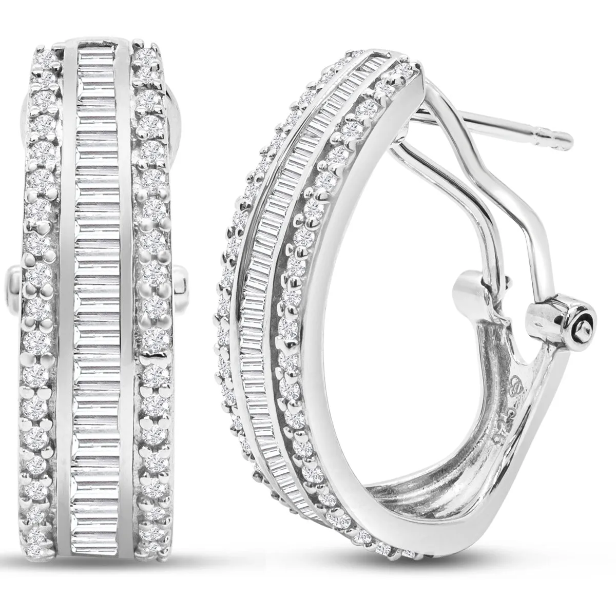 1 Carat Baguette and Round Colorless Diamond Hoop Earrings In Sterling Silver