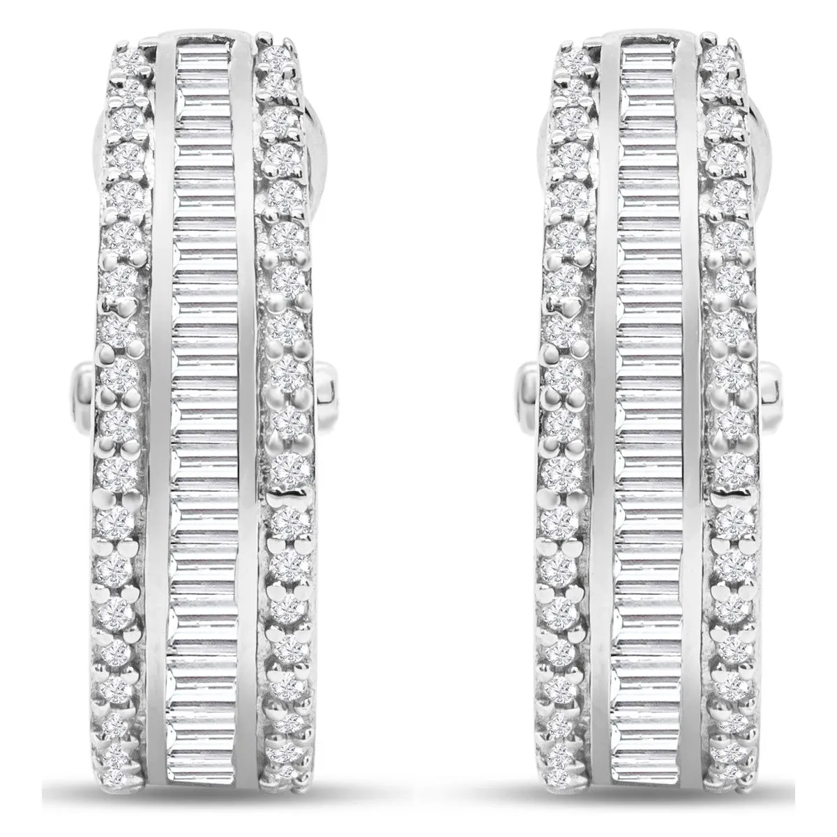 1 Carat Baguette and Round Colorless Diamond Hoop Earrings In Sterling Silver