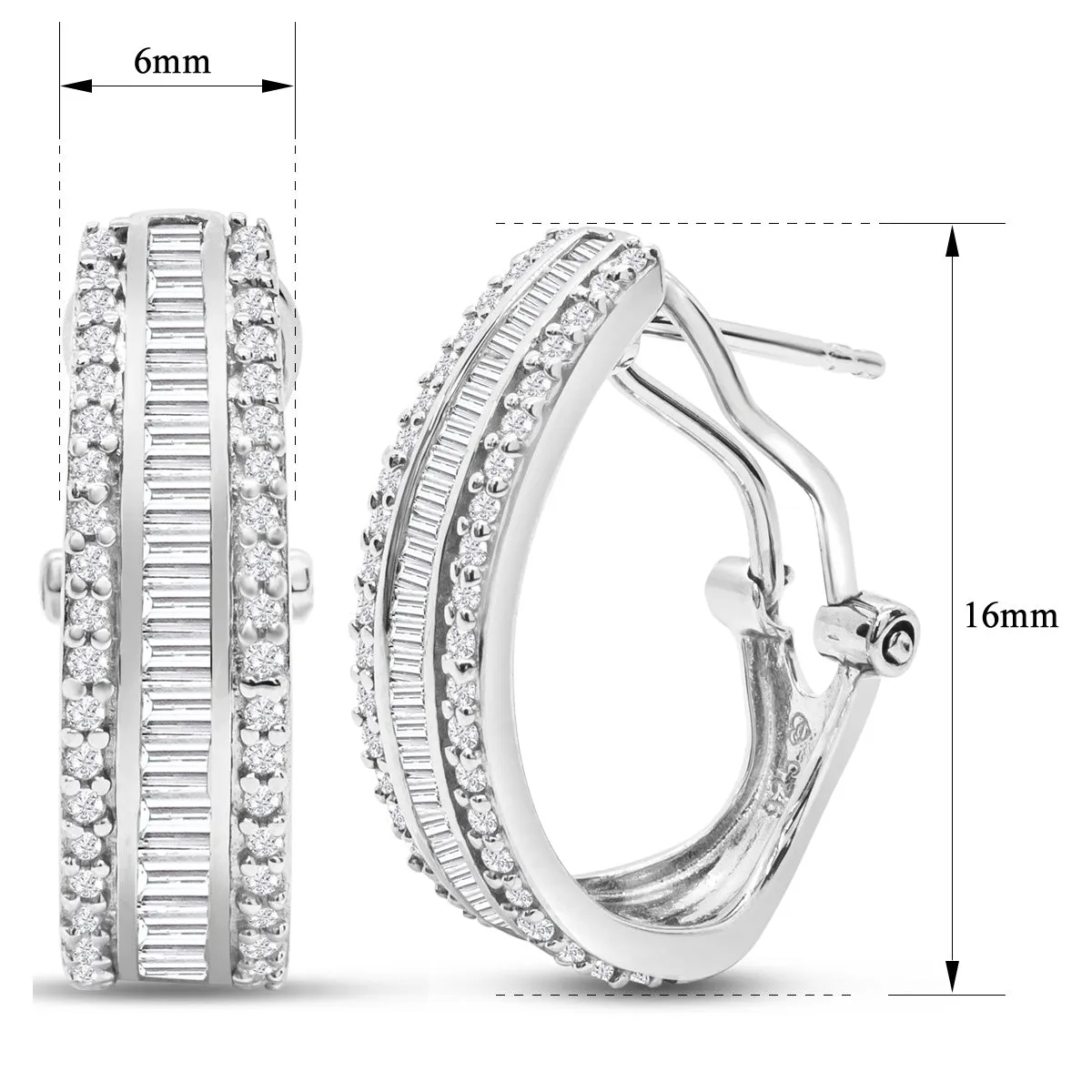 1 Carat Baguette and Round Colorless Diamond Hoop Earrings In Sterling Silver