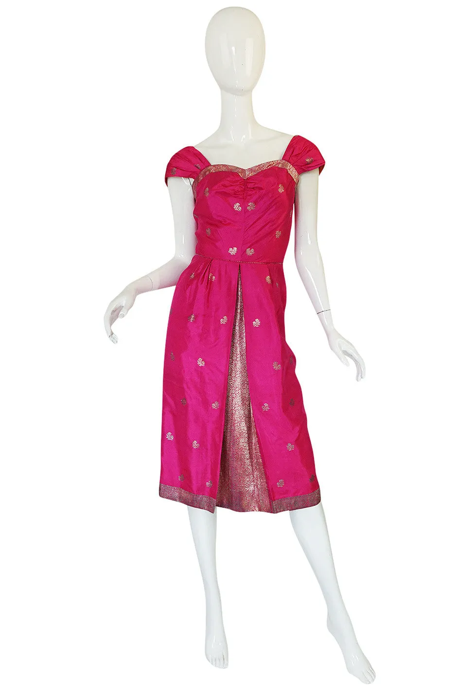 1950s Fine Tissue Silk Bright Pink Dress & Coat Set