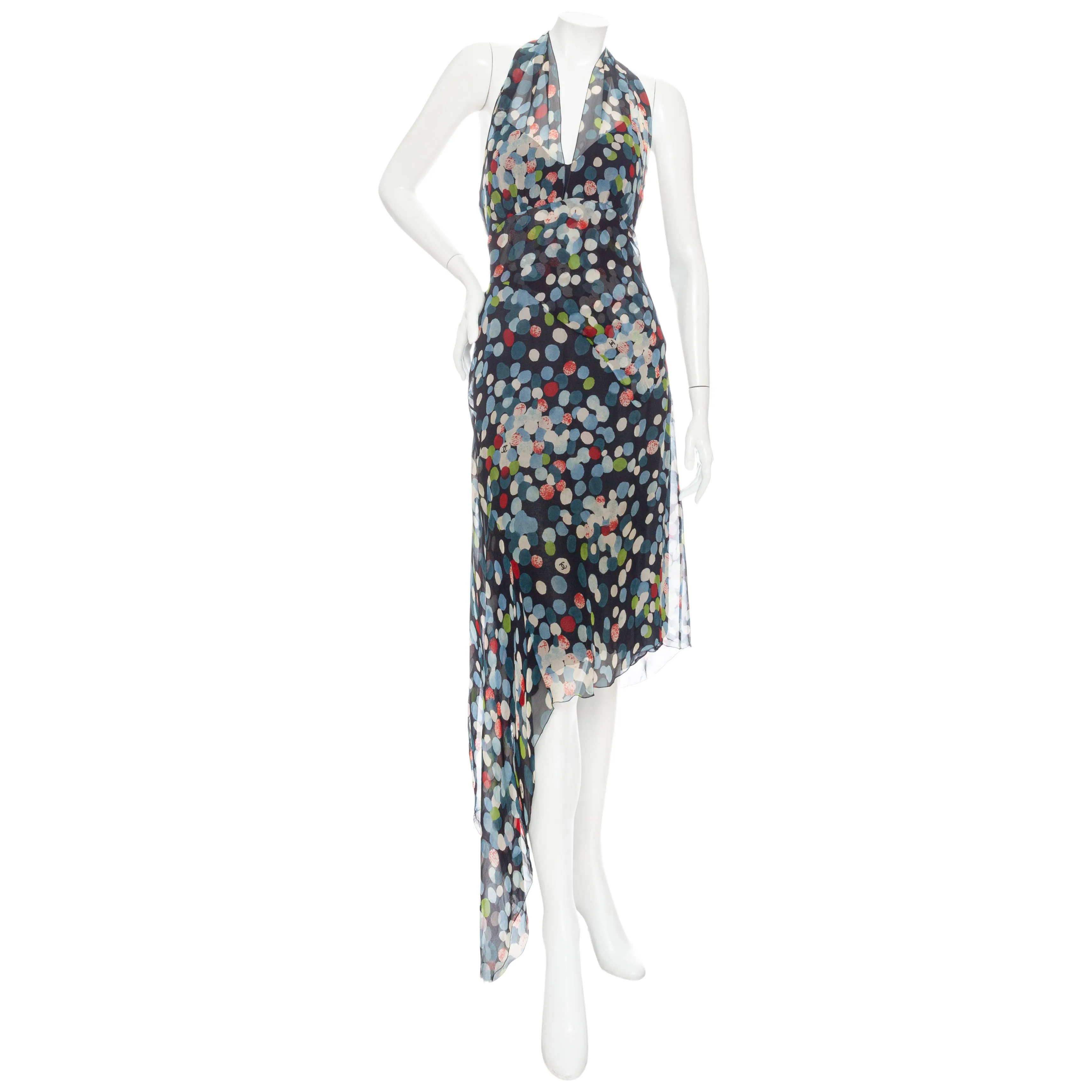 1997 Multicolored Silk Polka Dot Print Halter Dress