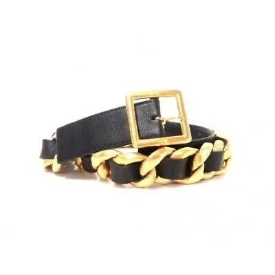 95A 1995 Fall Vintage Chanel gold chain black leather belt sz 85/34