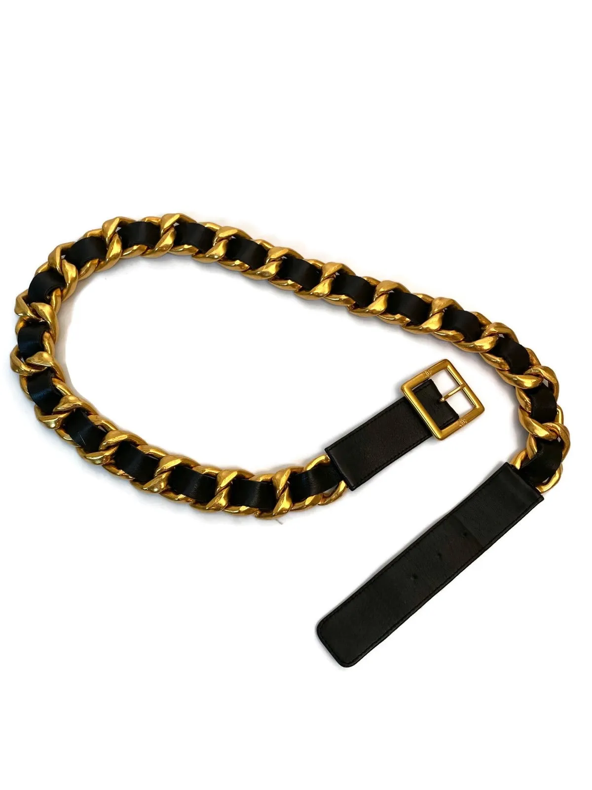 95A 1995 Fall Vintage Chanel gold chain black leather belt sz 85/34