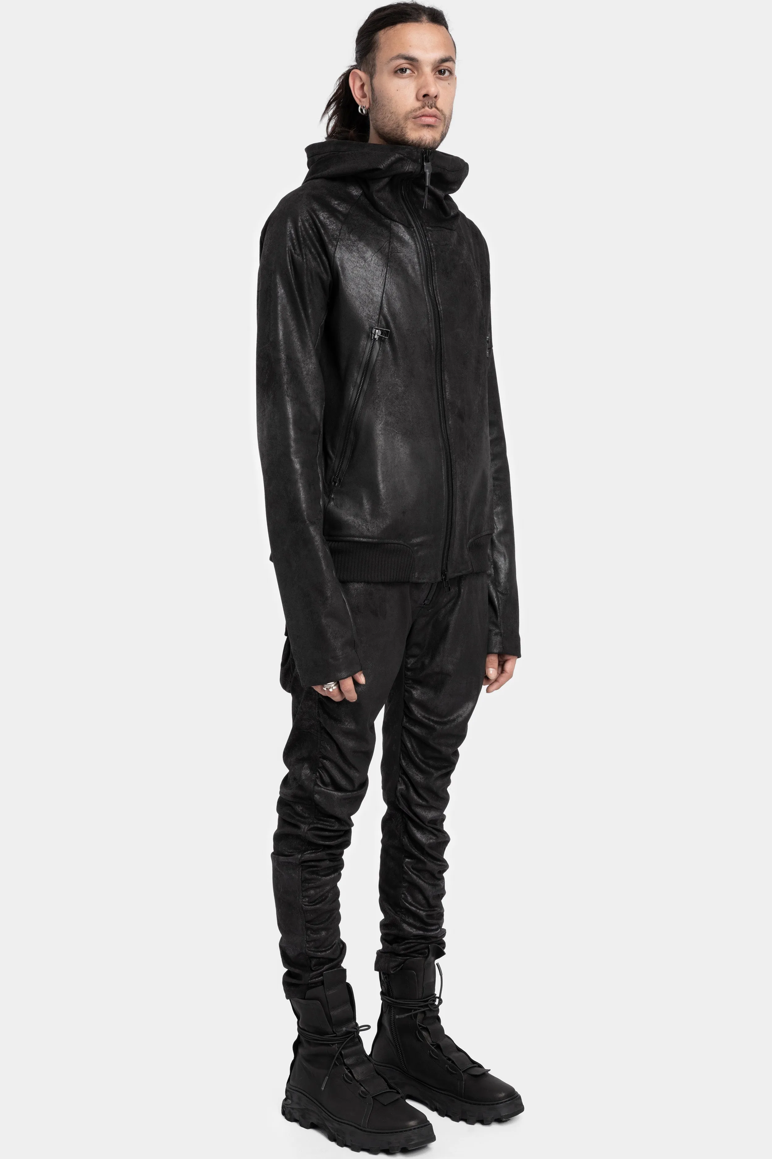 Asymmetrical zip vegan leather hooded bomber jacket