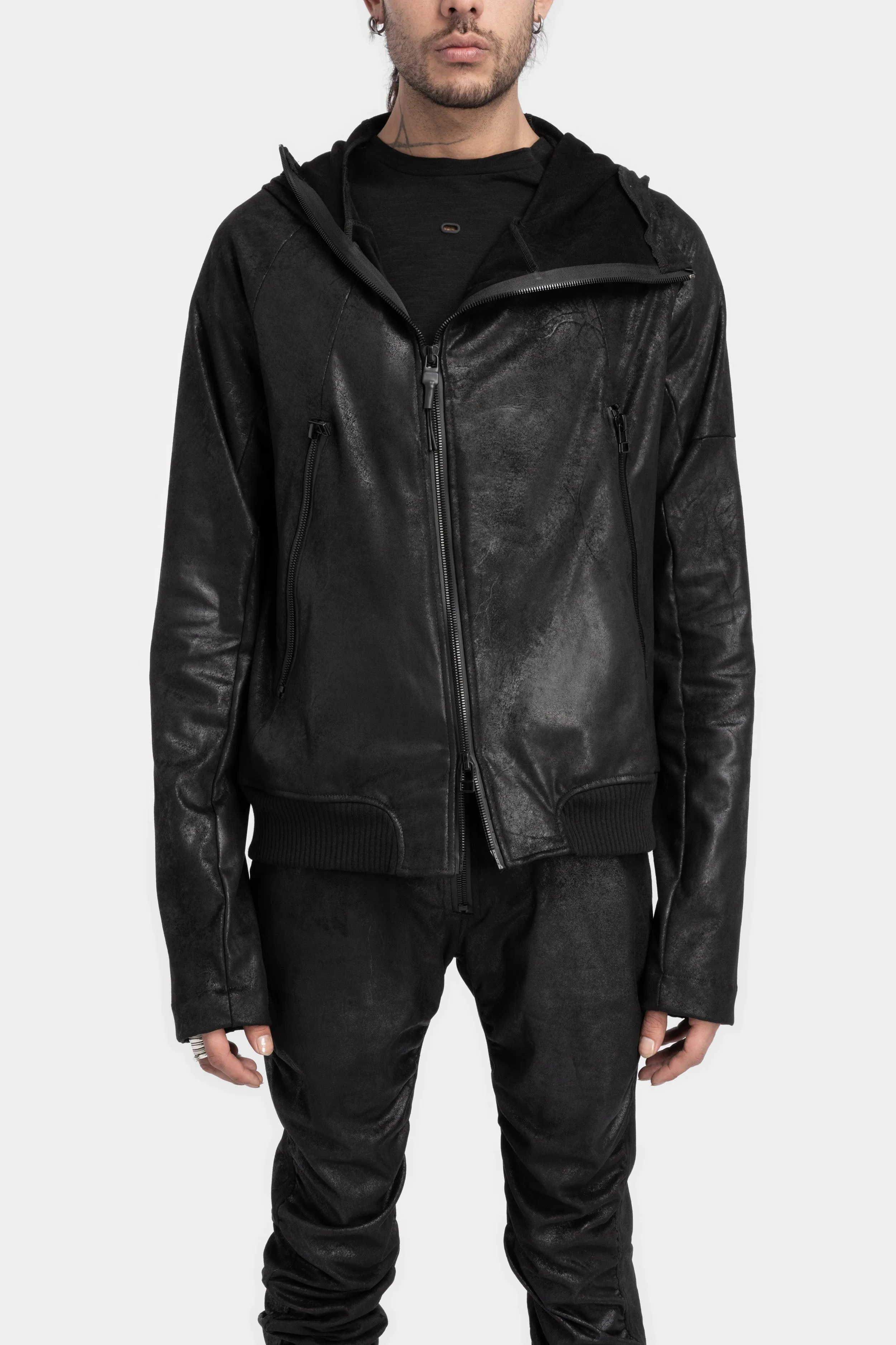 Asymmetrical zip vegan leather hooded bomber jacket