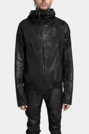 Asymmetrical zip vegan leather hooded bomber jacket