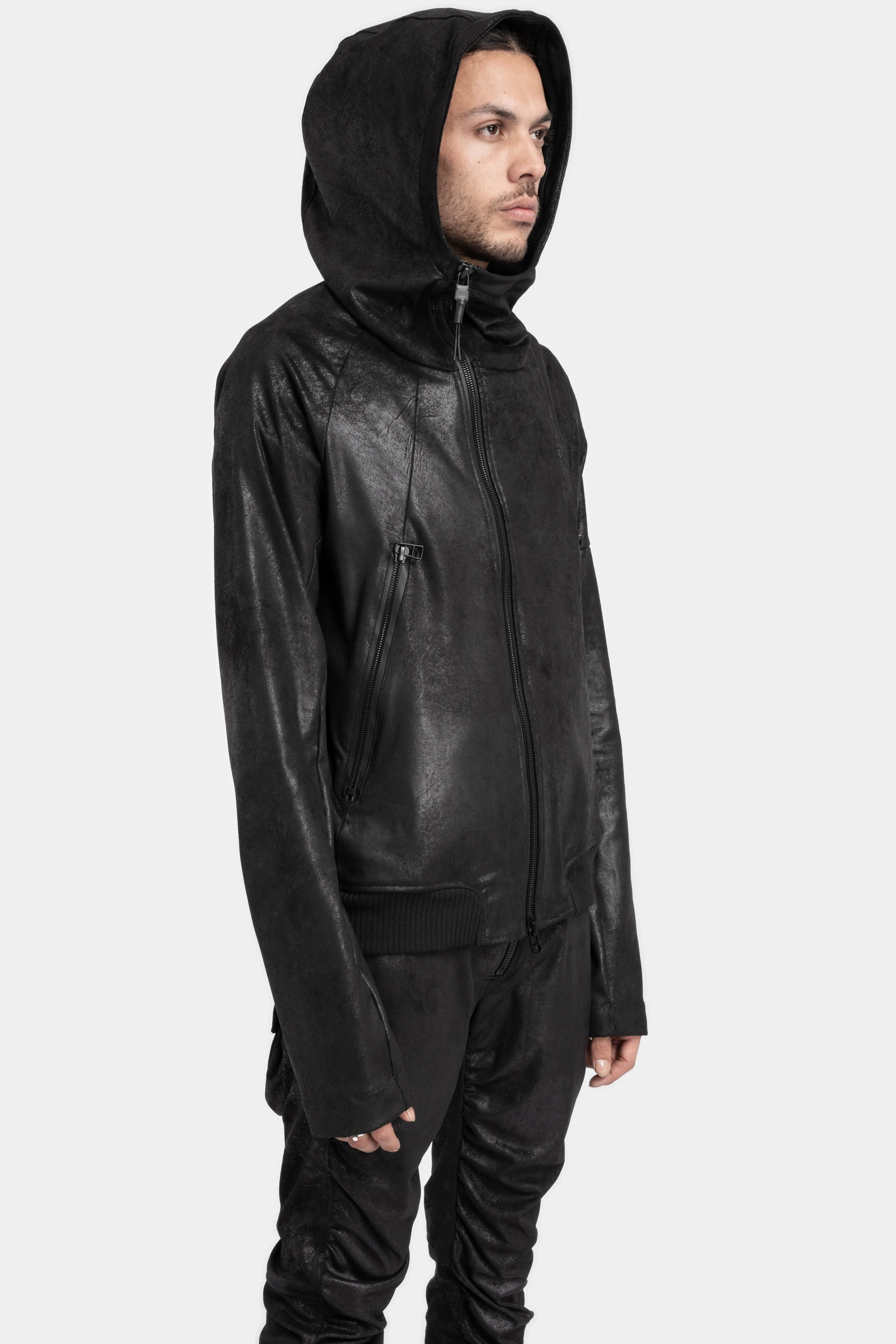 Asymmetrical zip vegan leather hooded bomber jacket