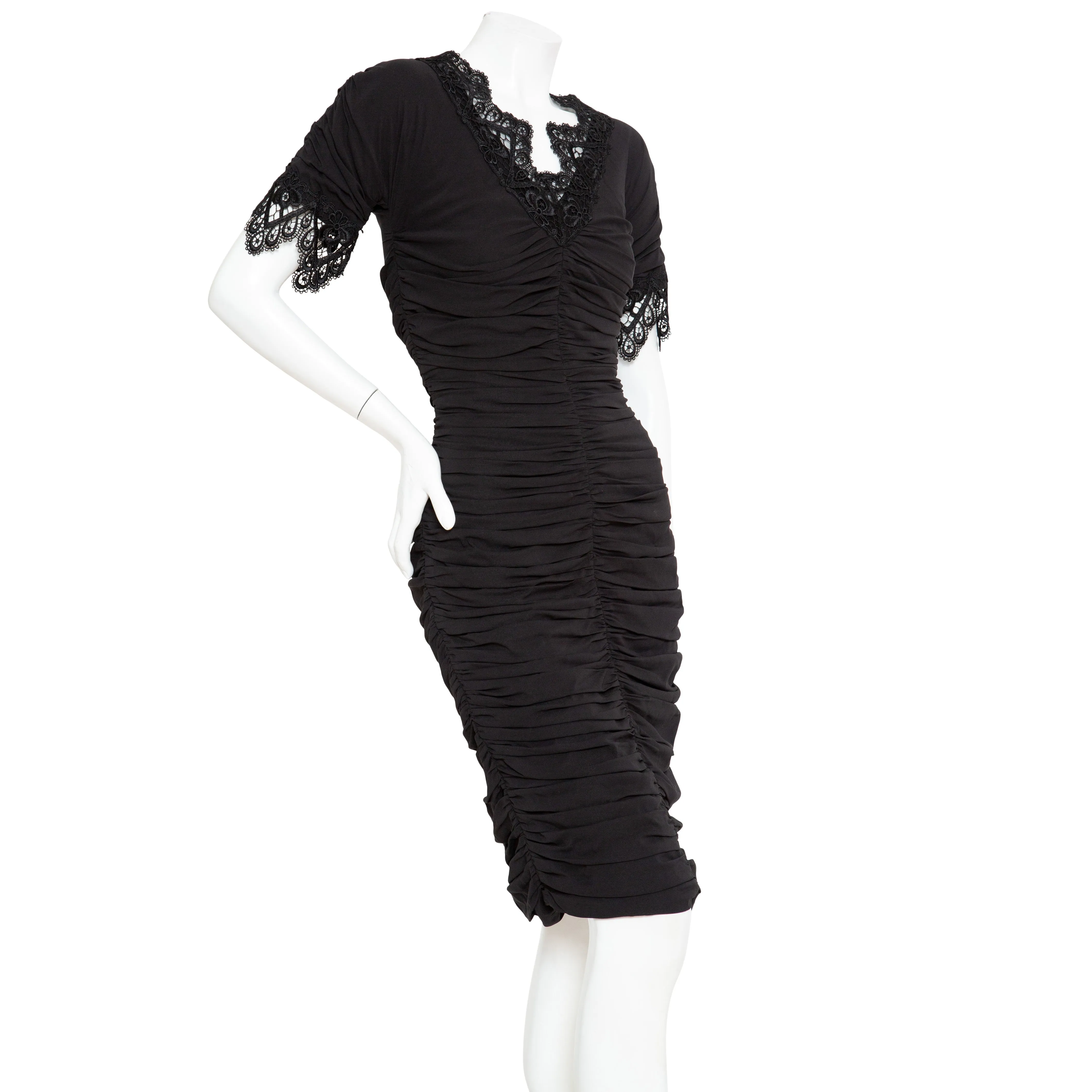 Black Lace Trim Ruched Dress