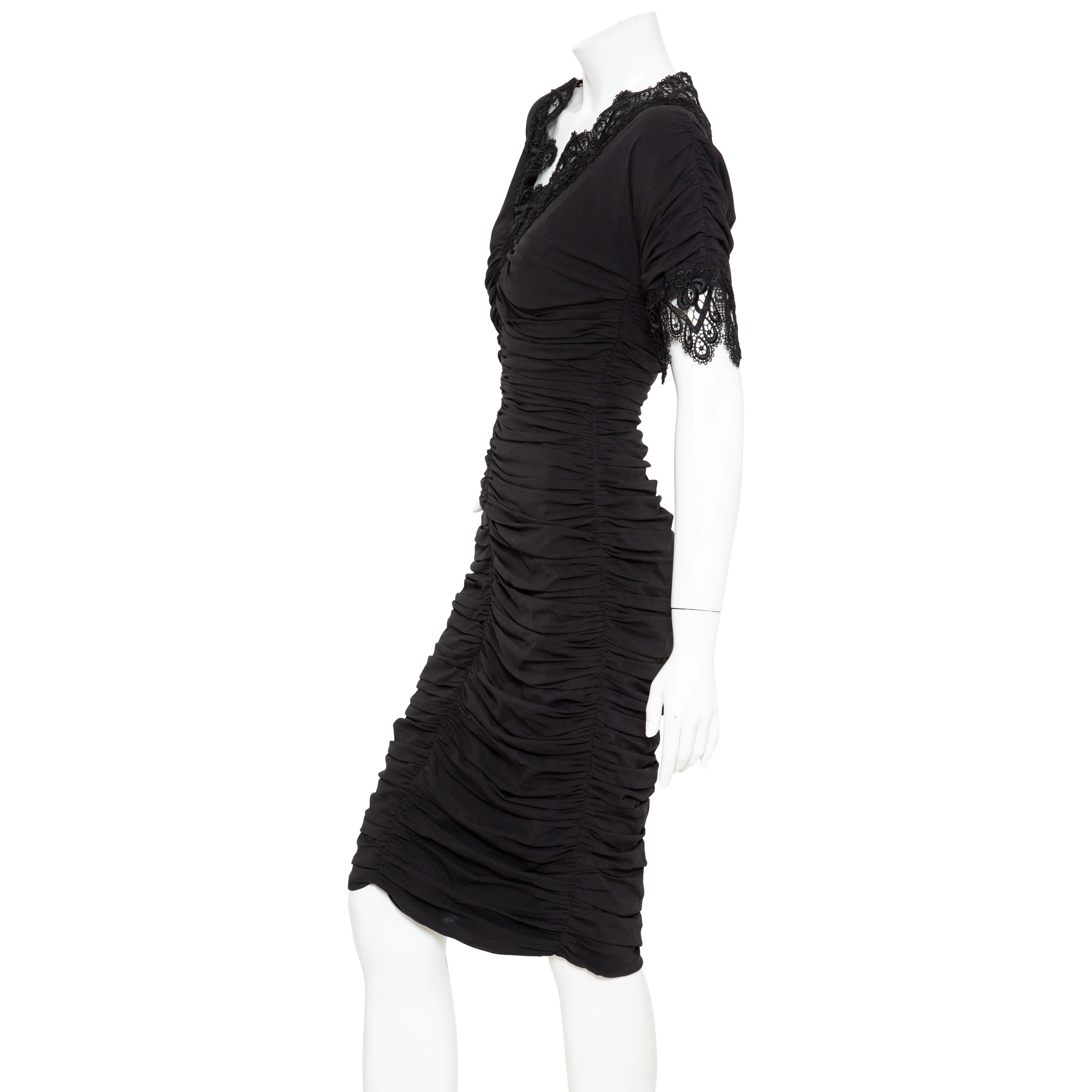 Black Lace Trim Ruched Dress