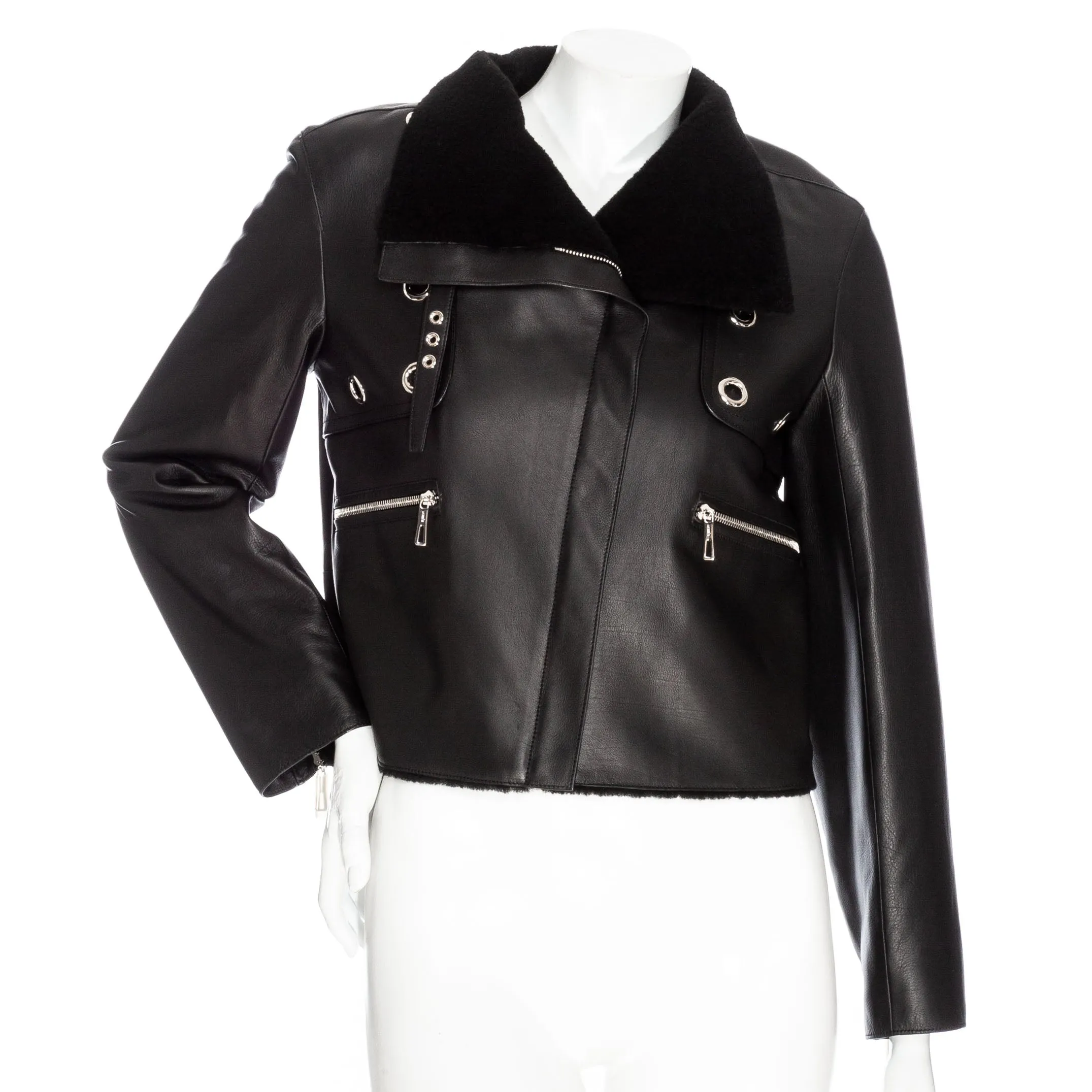 Black Leather Shearling-Lined Cropped Biker Jacket