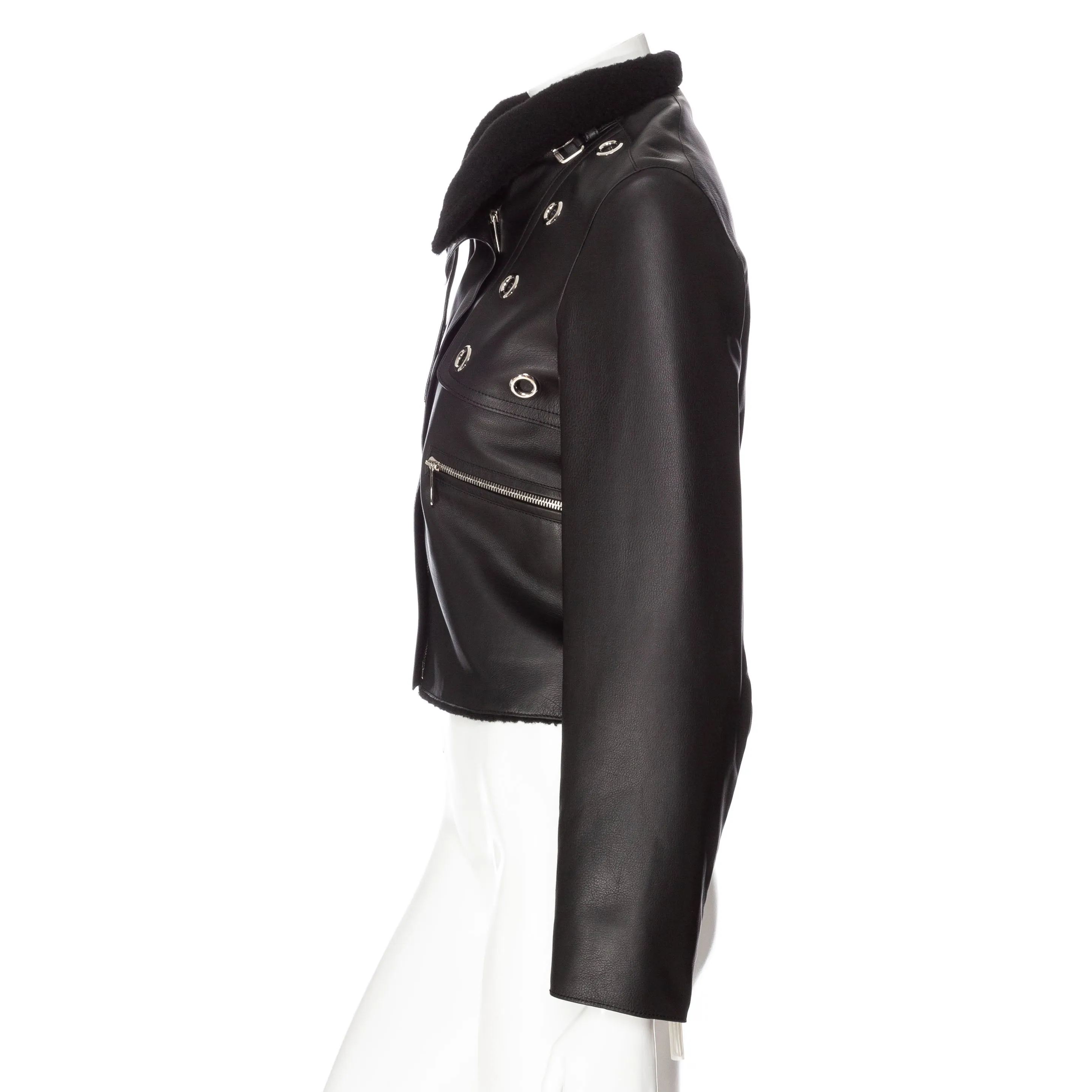 Black Leather Shearling-Lined Cropped Biker Jacket