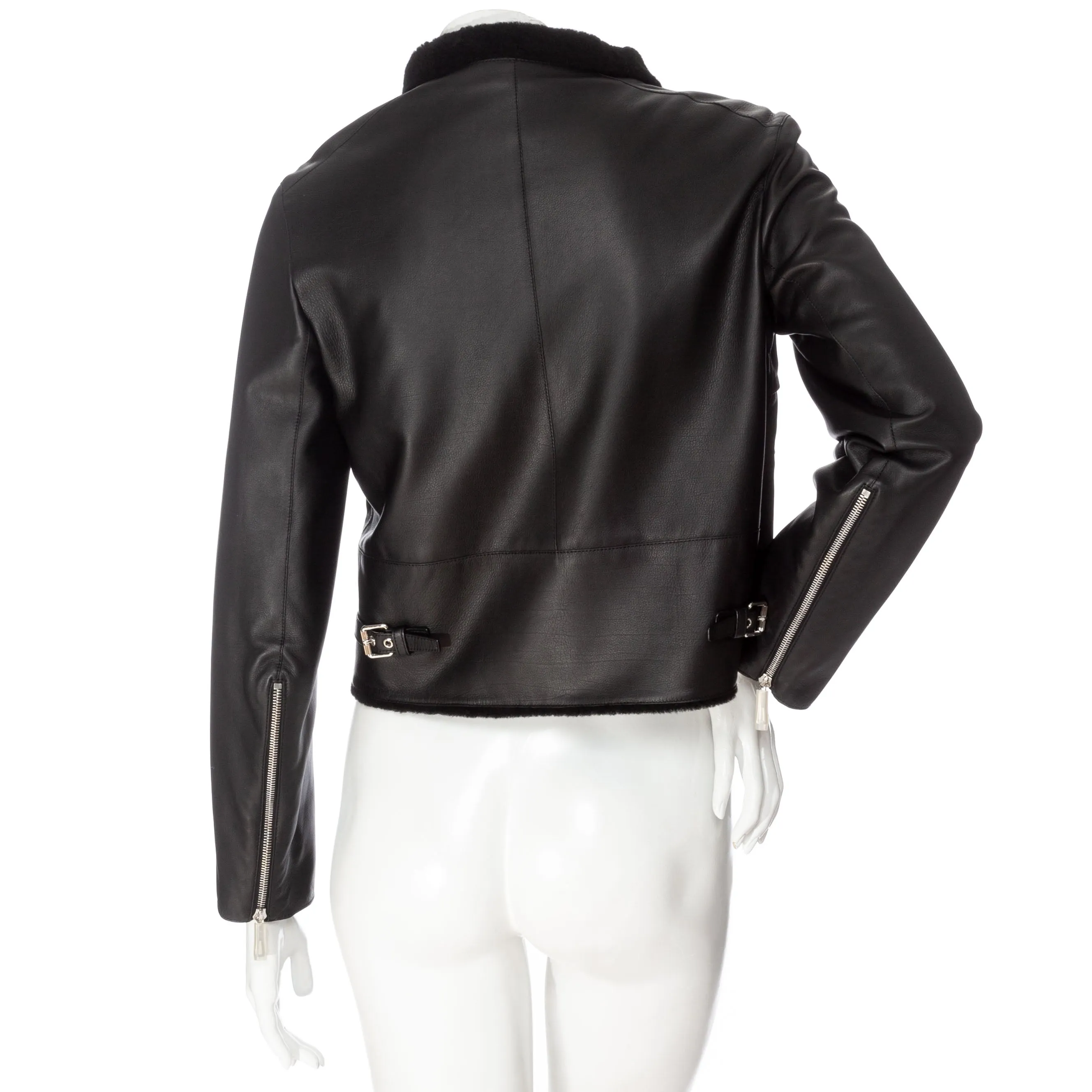 Black Leather Shearling-Lined Cropped Biker Jacket