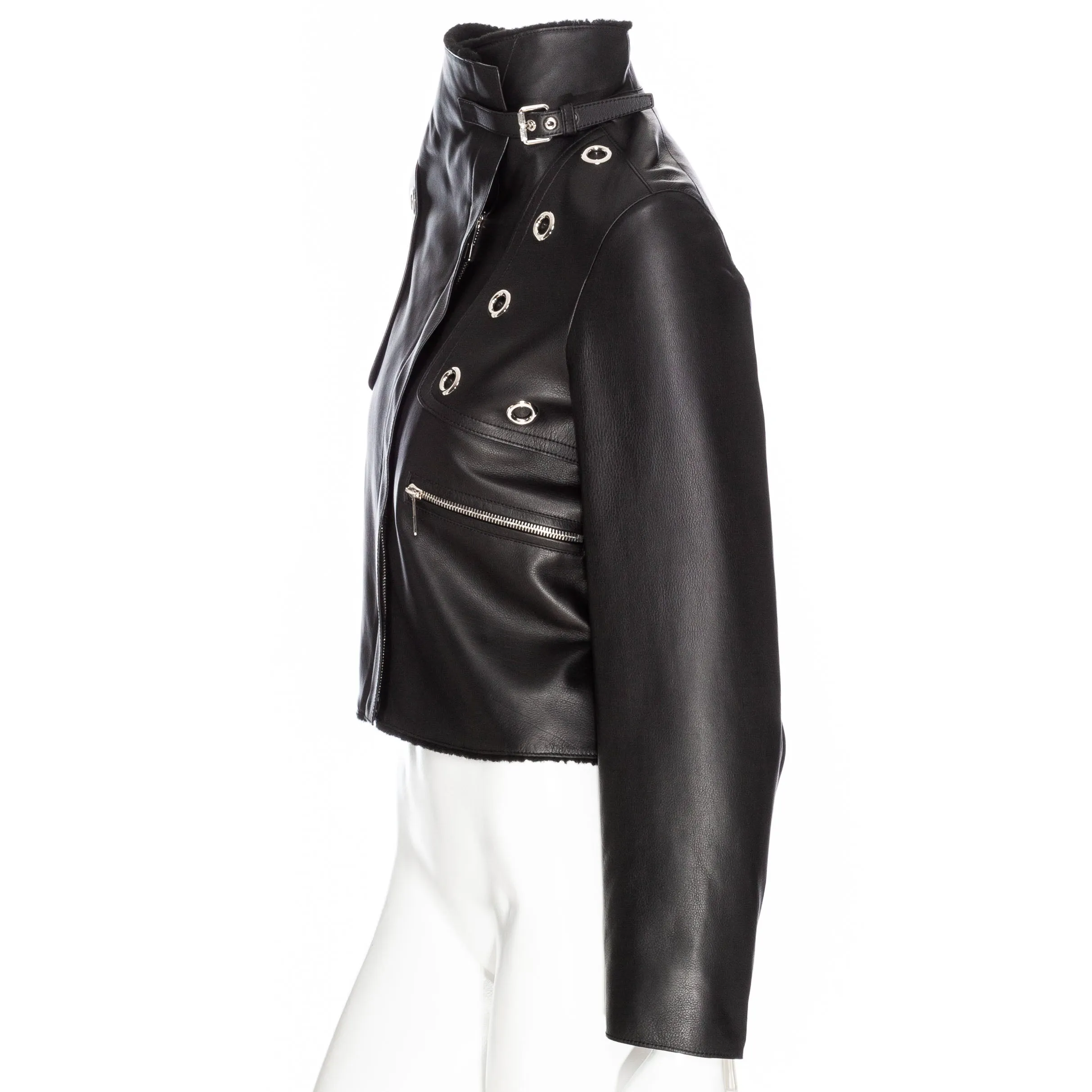 Black Leather Shearling-Lined Cropped Biker Jacket