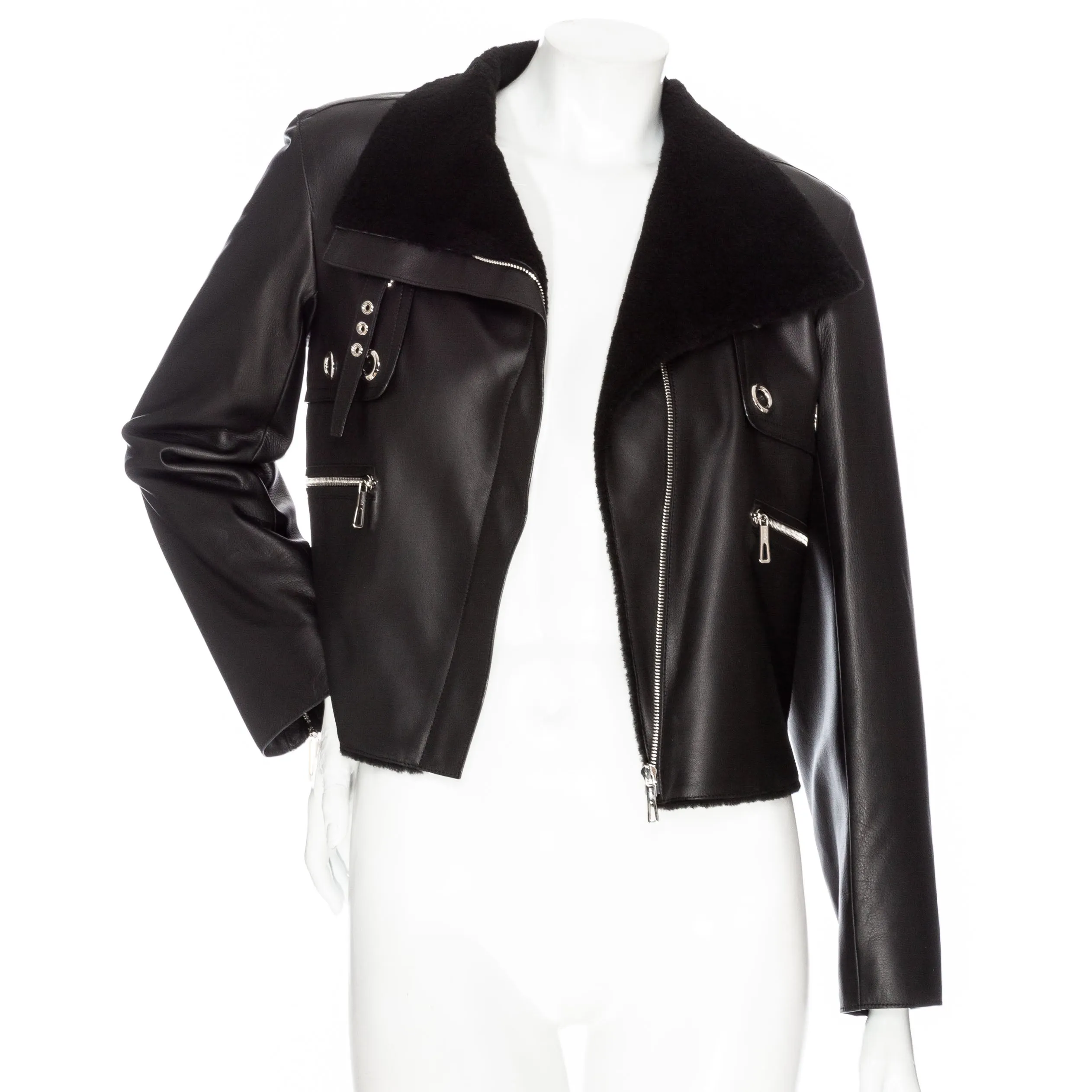 Black Leather Shearling-Lined Cropped Biker Jacket