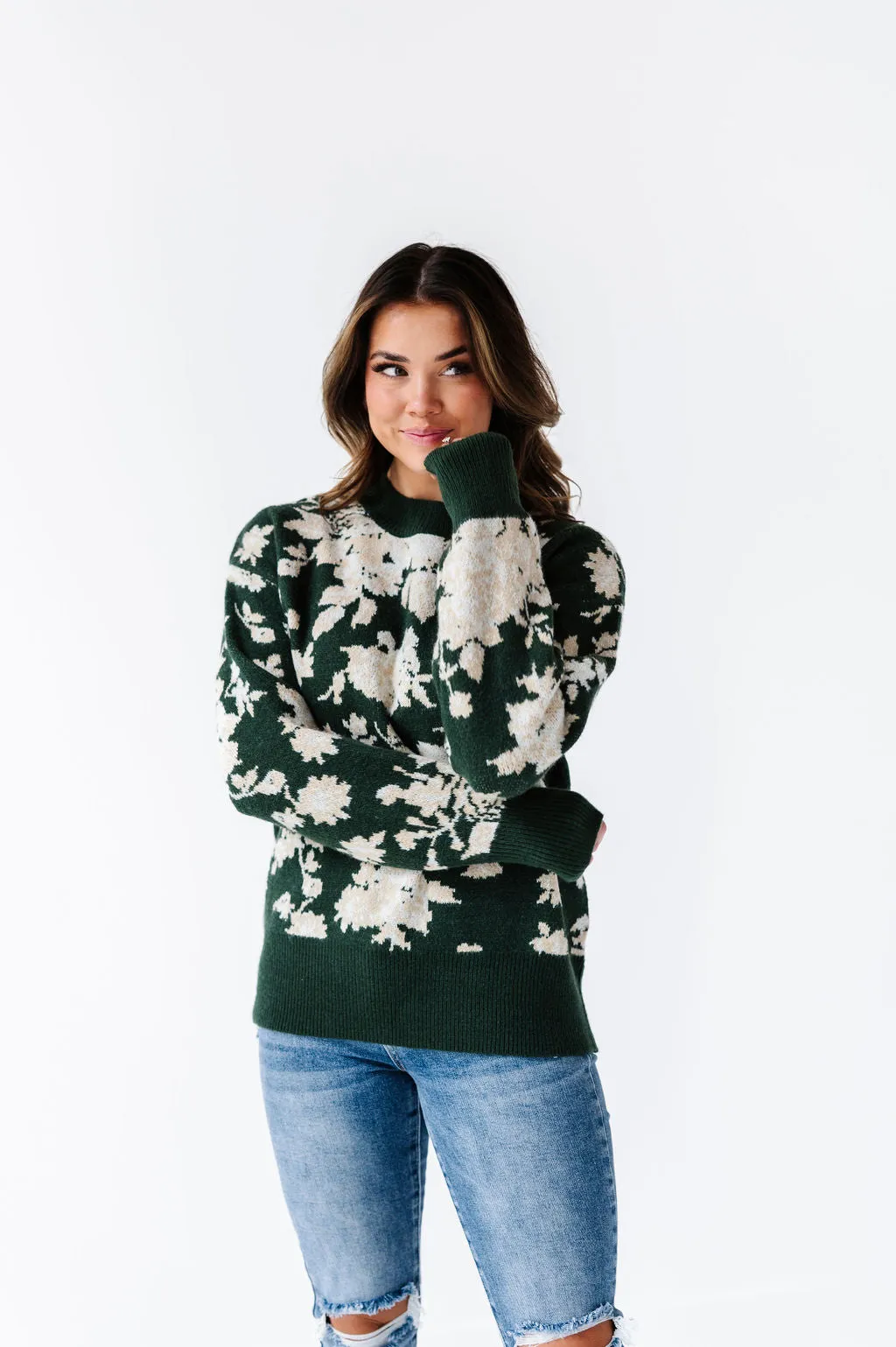 Calla Floral Knit Sweater in Green