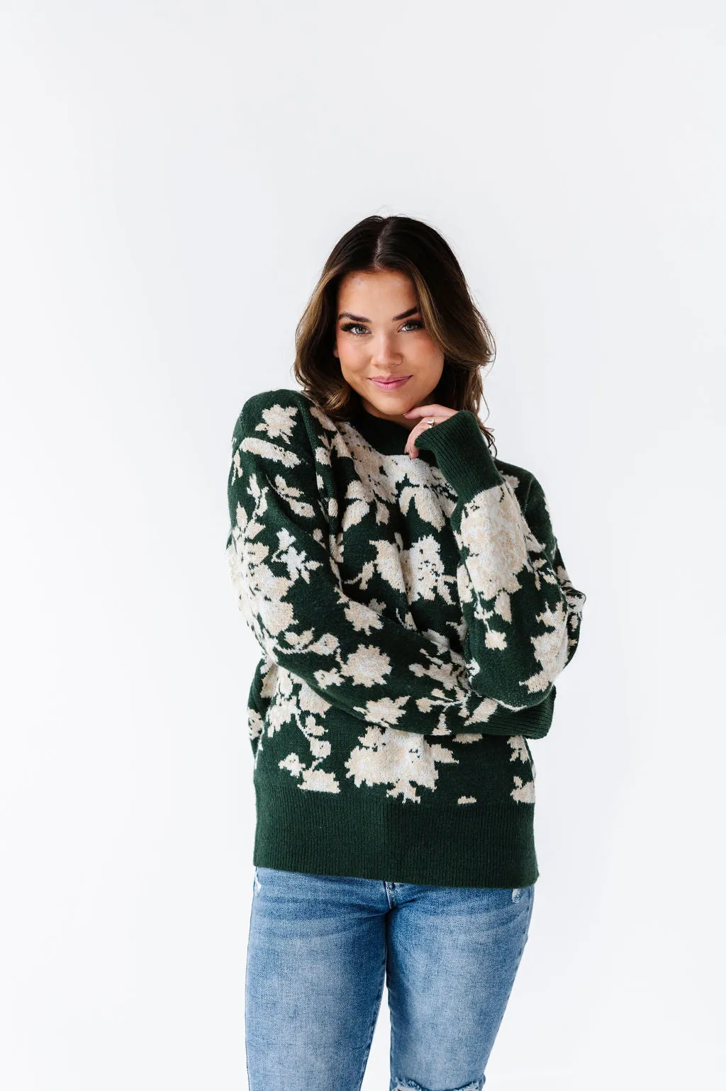 Calla Floral Knit Sweater in Green