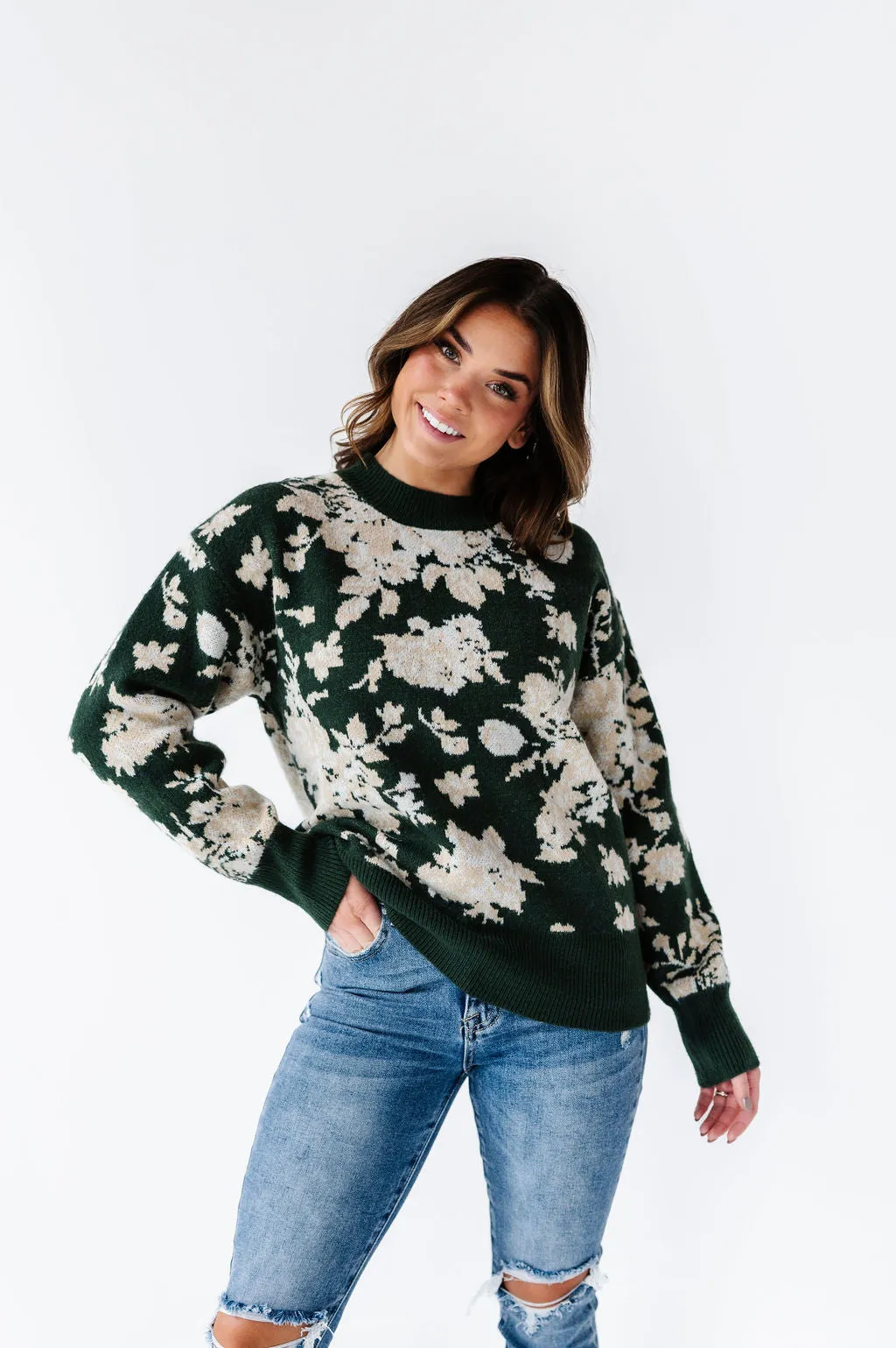 Calla Floral Knit Sweater in Green