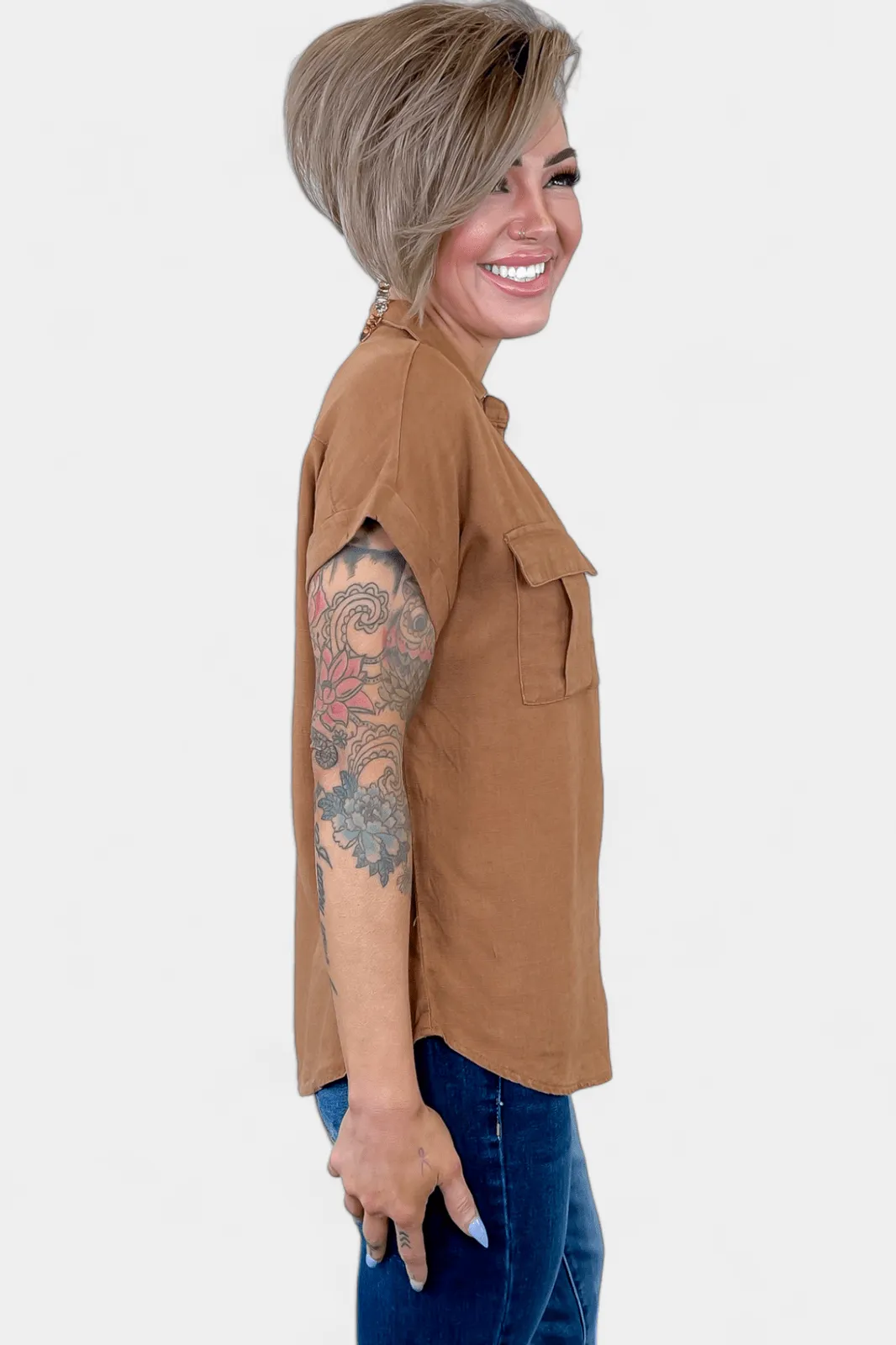 Camel Linen Button Down Top