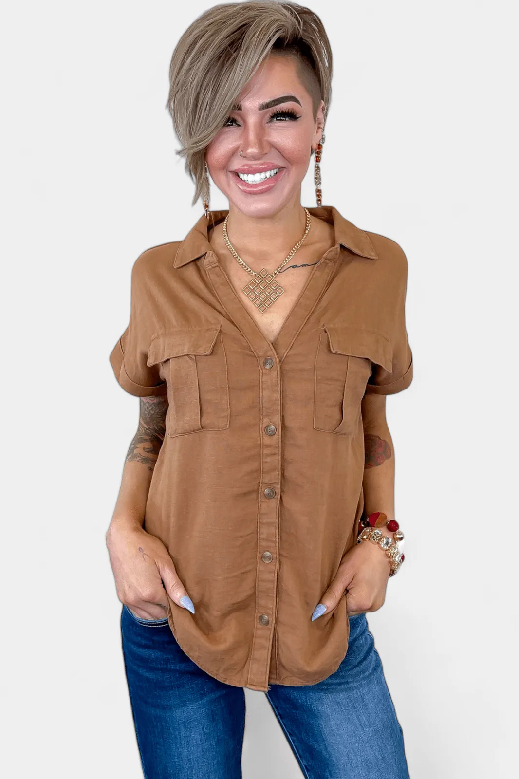 Camel Linen Button Down Top