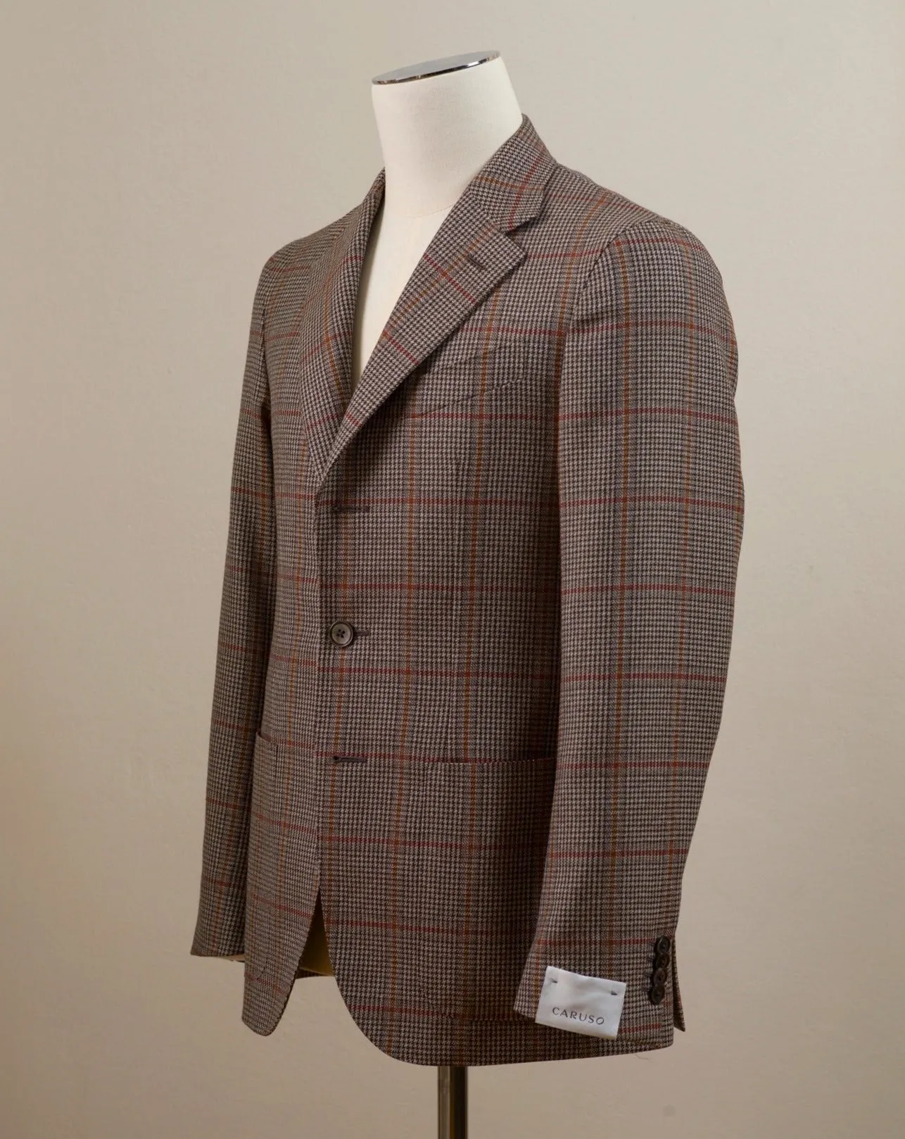 Caruso Brown Houndstooth Jacket With Red Check