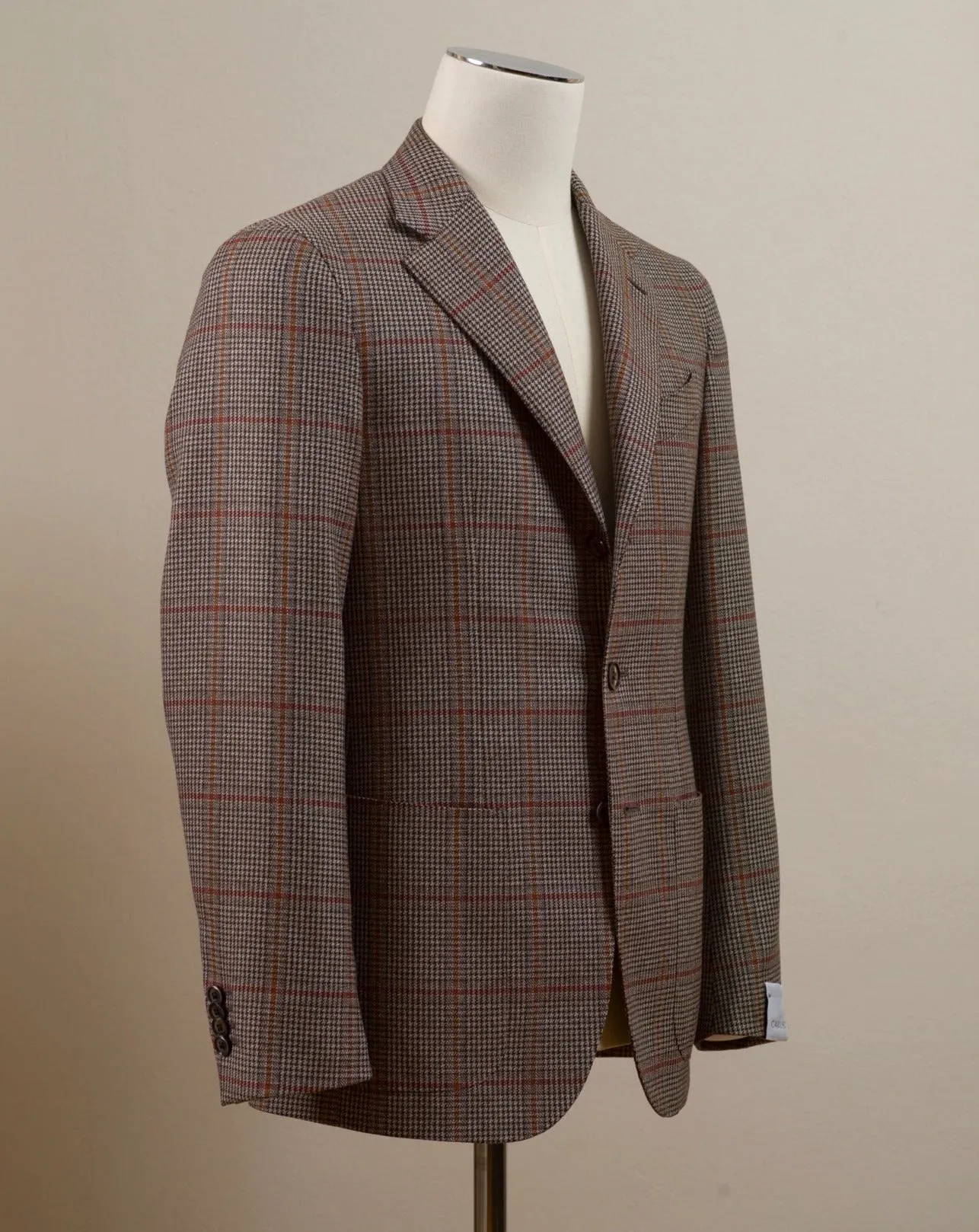 Caruso Brown Houndstooth Jacket With Red Check