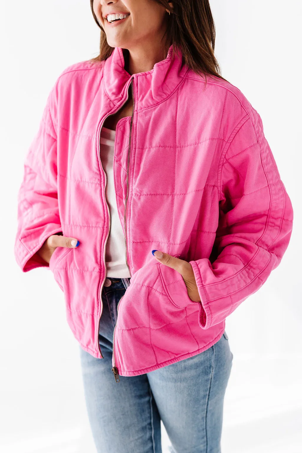 CeCe Quilted Denim Jacket in Hot Pink