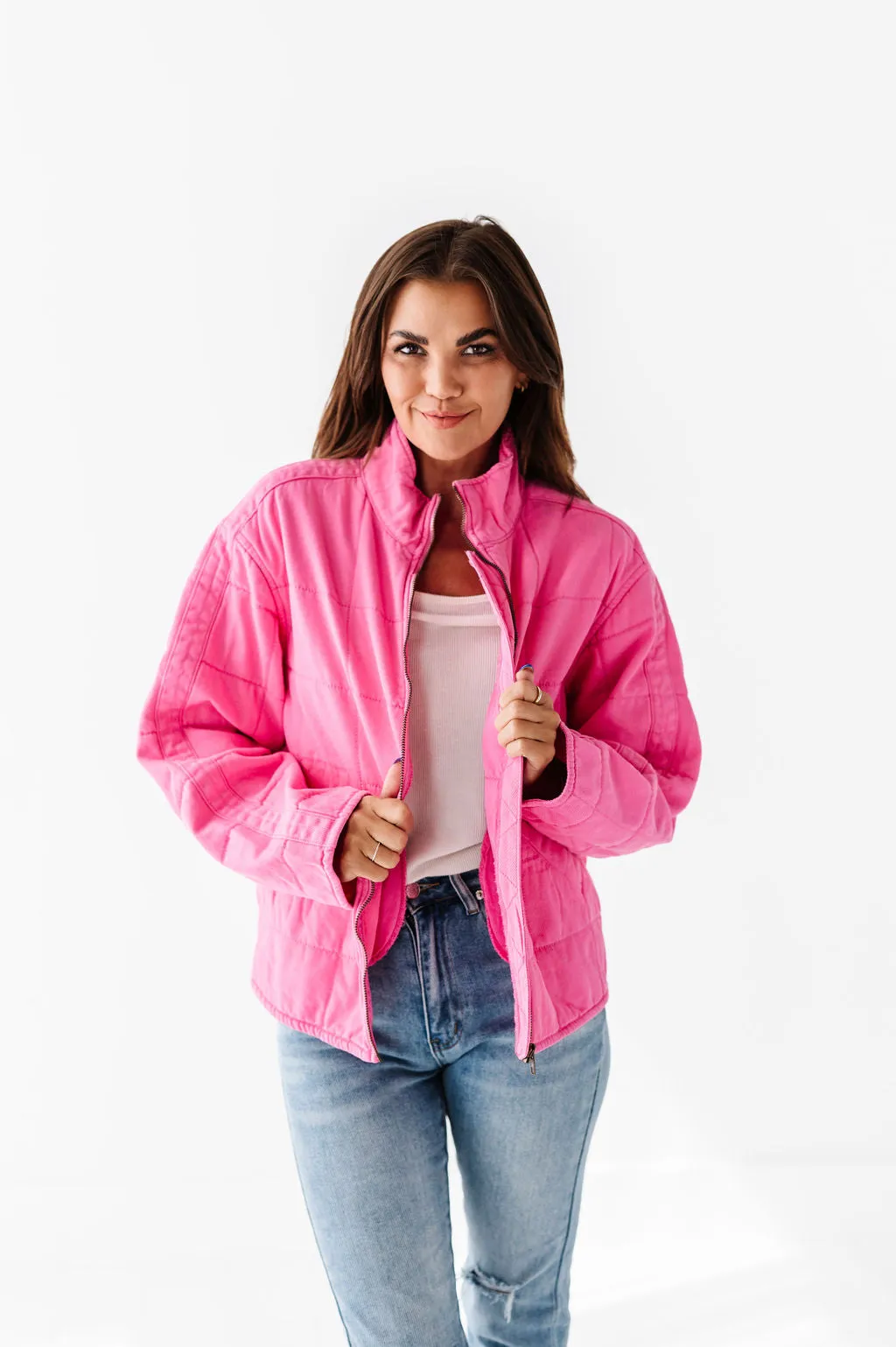 CeCe Quilted Denim Jacket in Hot Pink