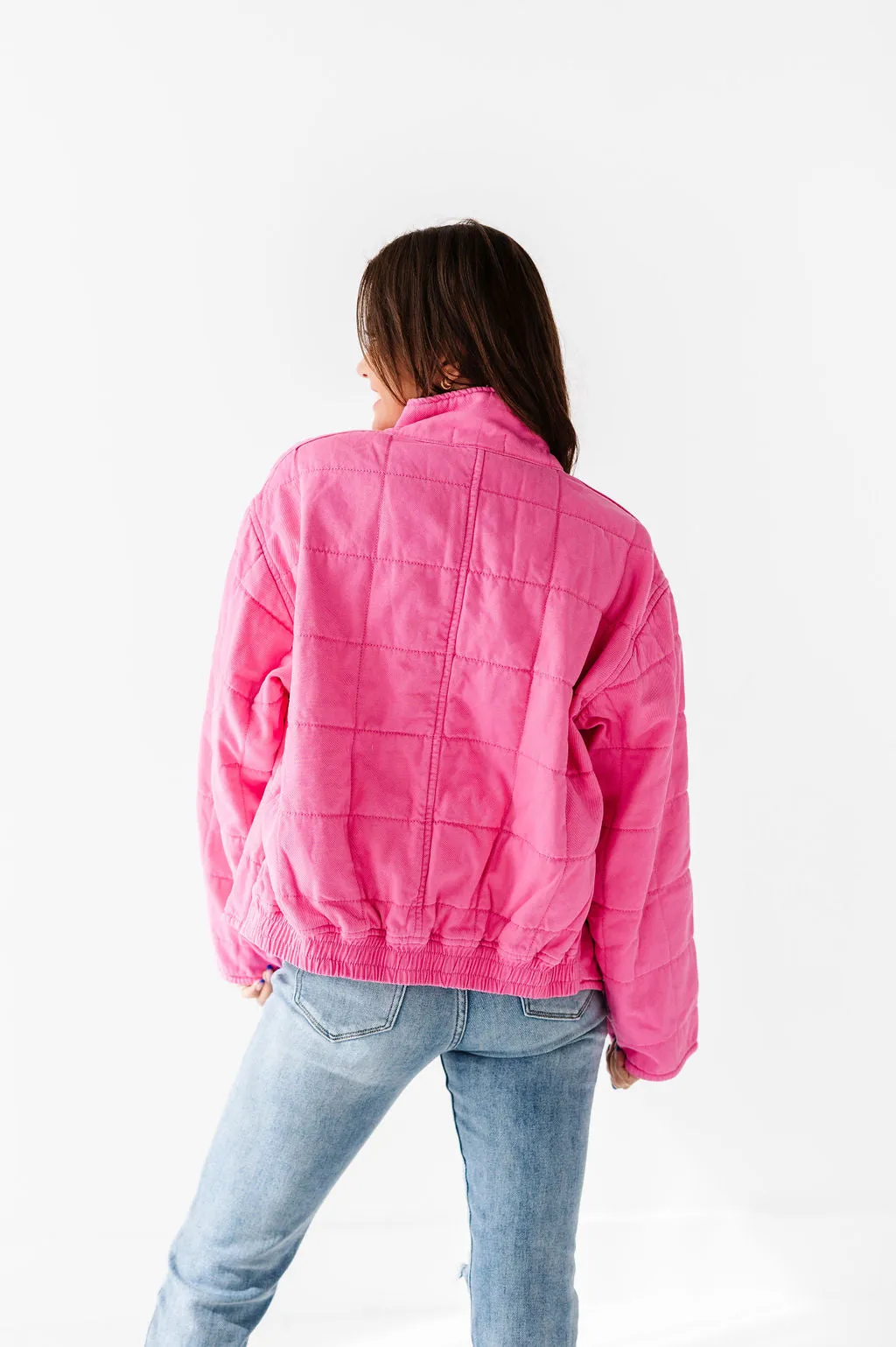 CeCe Quilted Denim Jacket in Hot Pink