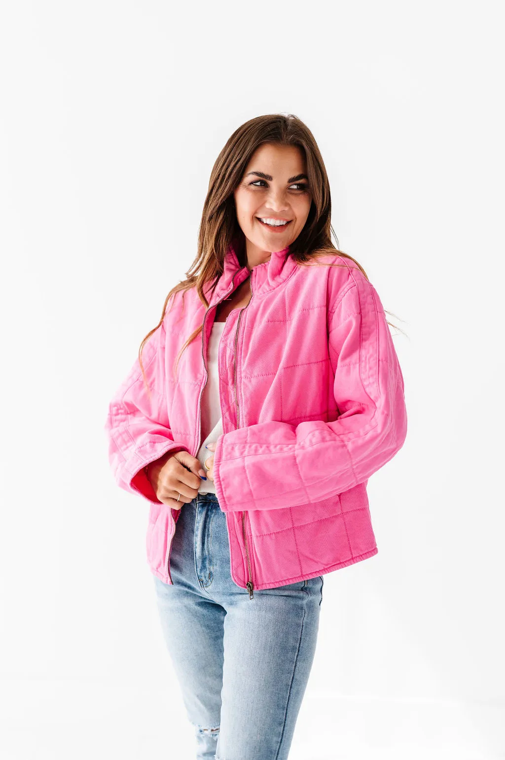 CeCe Quilted Denim Jacket in Hot Pink