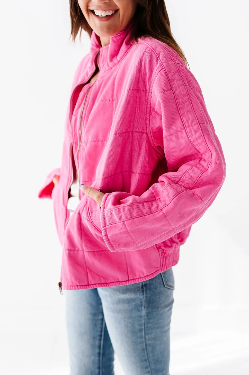 CeCe Quilted Denim Jacket in Hot Pink