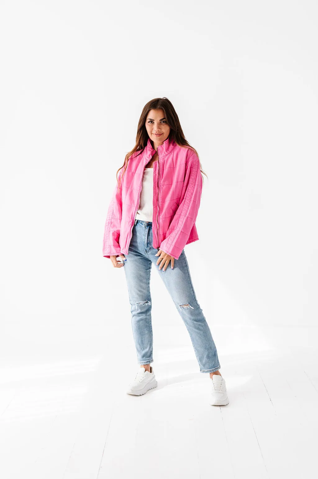 CeCe Quilted Denim Jacket in Hot Pink