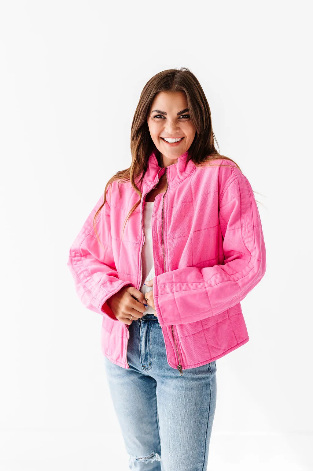 CeCe Quilted Denim Jacket in Hot Pink