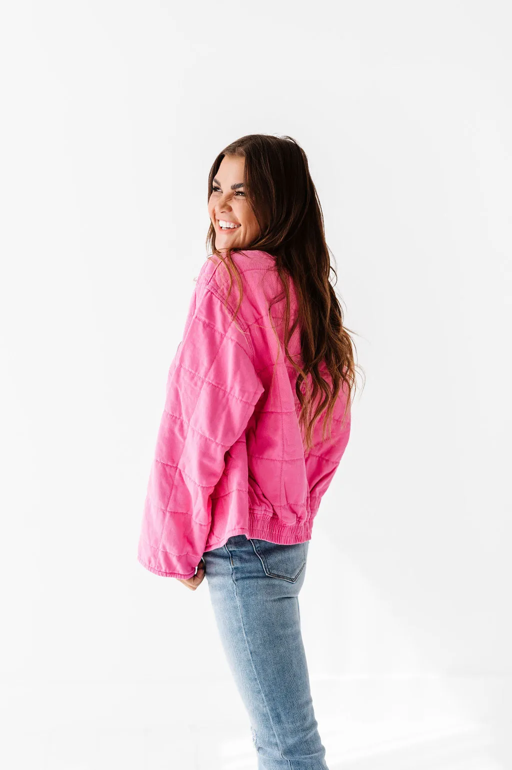 CeCe Quilted Denim Jacket in Hot Pink