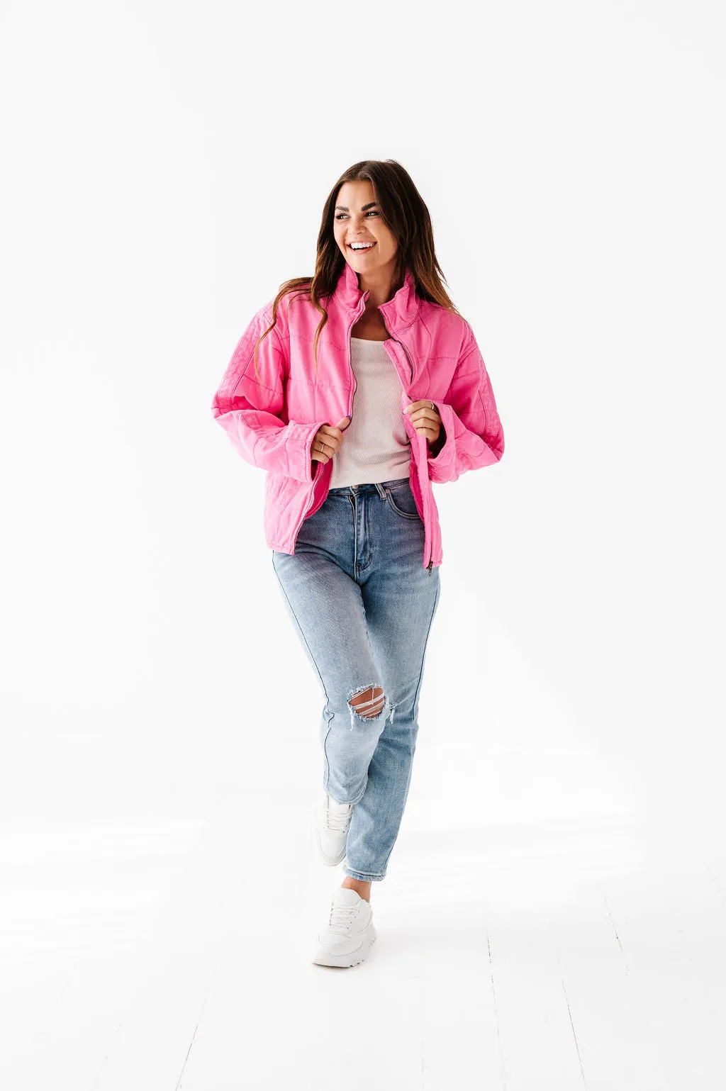 CeCe Quilted Denim Jacket in Hot Pink