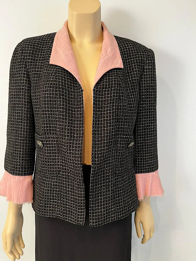 Chanel 12S 2012 Summer Black Metallic Tweed Pink Jacket FR 44 US 8/10