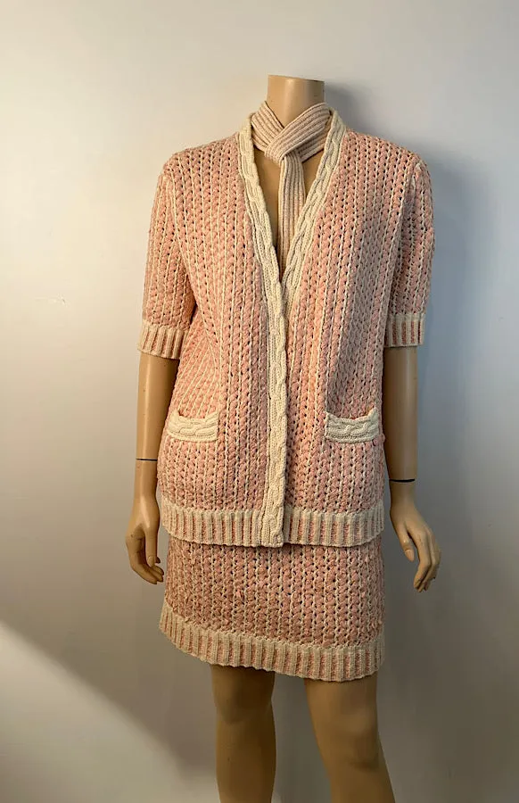 Chanel 18P 2018 Spring Pink Ivory 3 Pc Woven Cardigan Skirt Belt Skirt Set FR 36 US 4/6