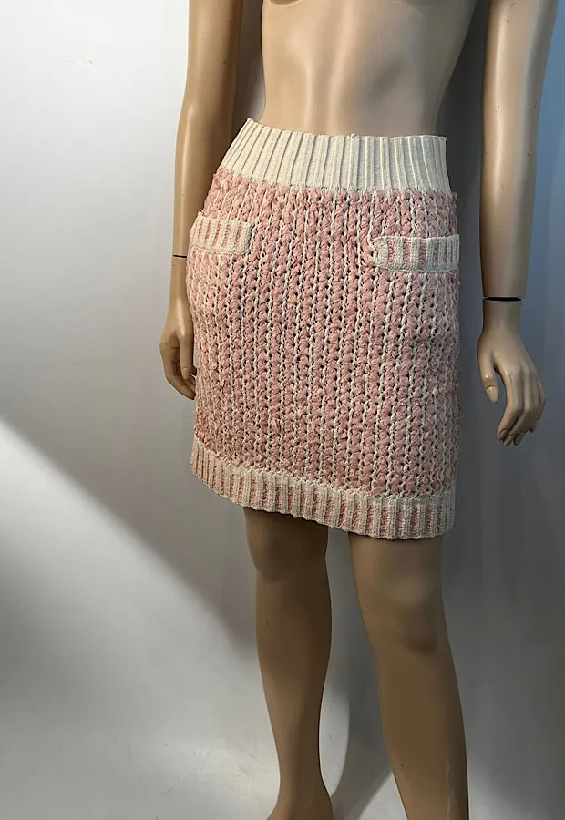 Chanel 18P 2018 Spring Pink Ivory 3 Pc Woven Cardigan Skirt Belt Skirt Set FR 36 US 4/6