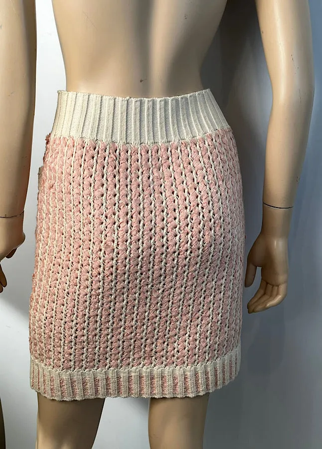 Chanel 18P 2018 Spring Pink Ivory 3 Pc Woven Cardigan Skirt Belt Skirt Set FR 36 US 4/6