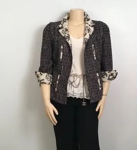 Chanel 2006 Spring, 06P Cotton tweed brown black white Blazer camellia jacket US 10/12