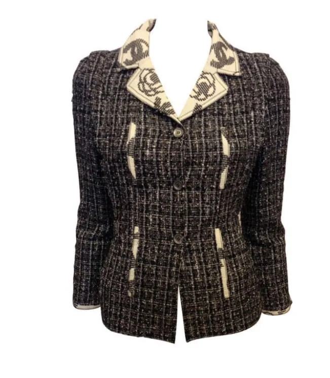 Chanel 2006 Spring, 06P Cotton tweed brown black white Blazer camellia jacket US 10/12