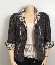 Chanel 2006 Spring, 06P Cotton tweed brown black white Blazer camellia jacket US 10/12