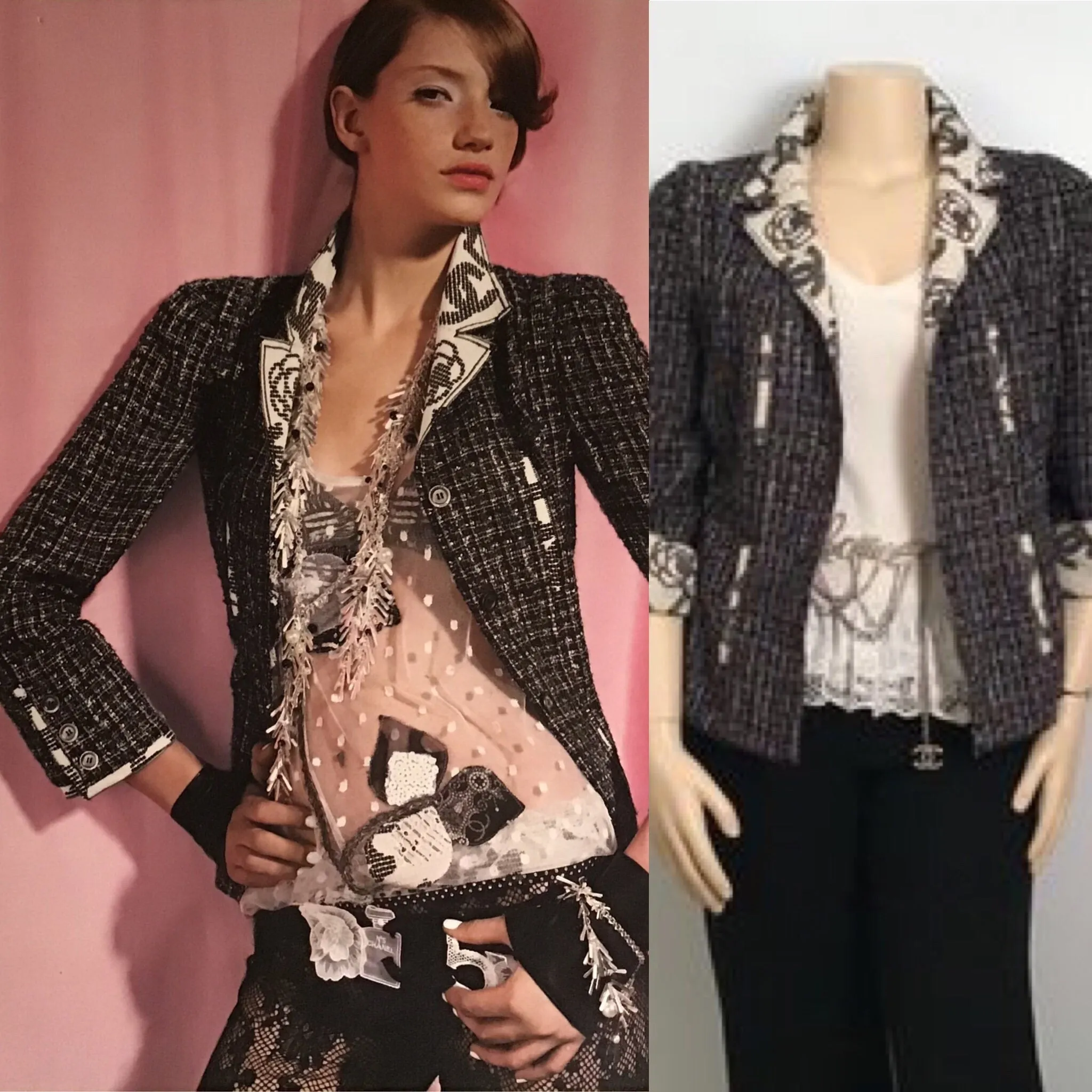 Chanel 2006 Spring, 06P Cotton tweed brown black white Blazer camellia jacket US 10/12