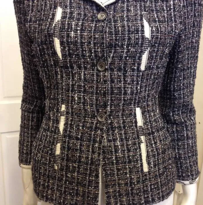 Chanel 2006 Spring, 06P Cotton tweed brown black white Blazer camellia jacket US 10/12