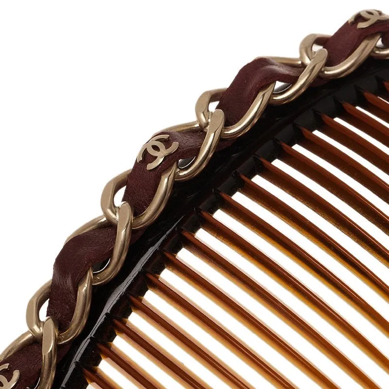 Chanel 2013 Bordeaux Burgundy Leather Hair Decorative  Accessory Comb Barrette Gold CC Logos