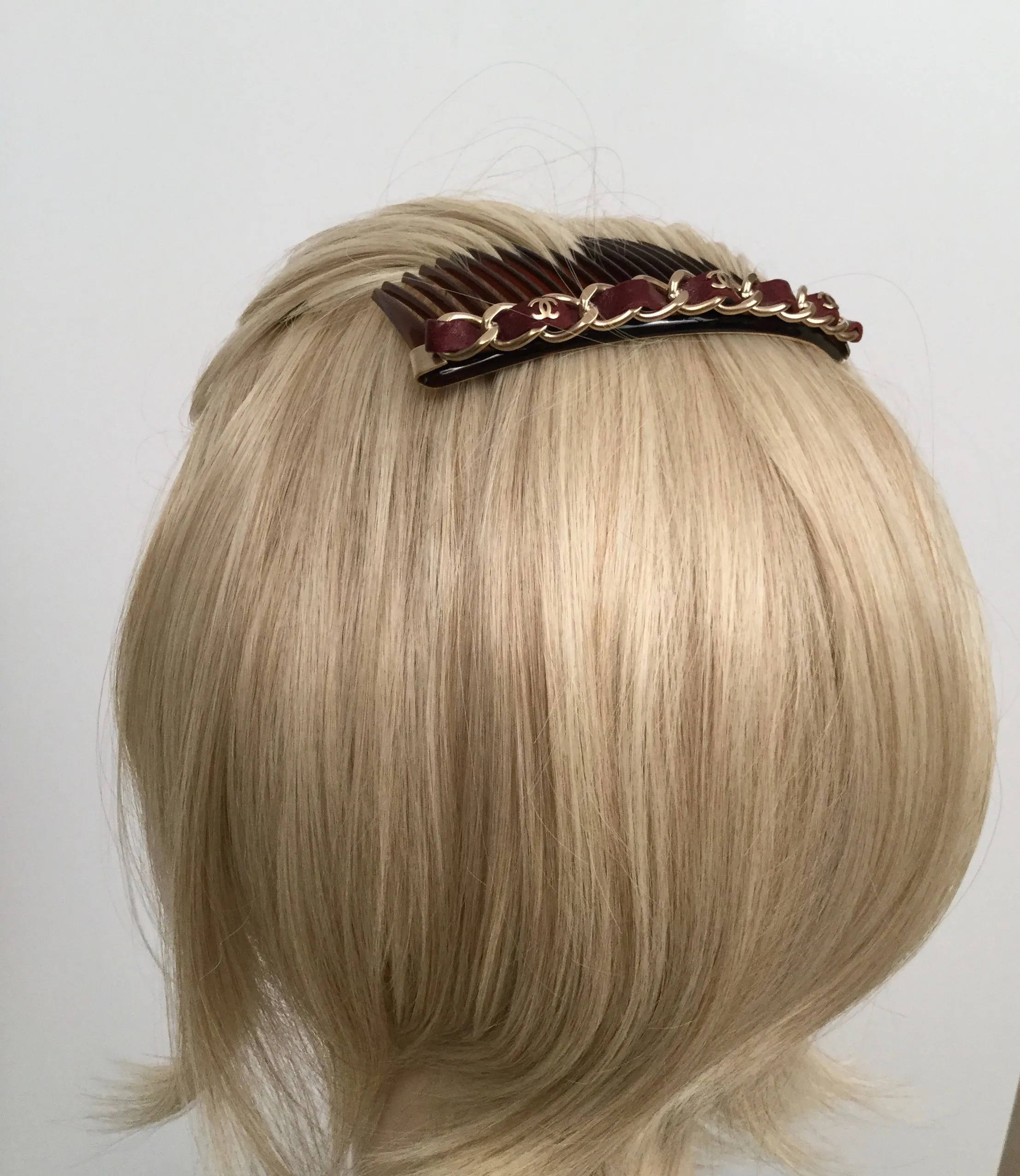 Chanel 2013 Bordeaux Burgundy Leather Hair Decorative  Accessory Comb Barrette Gold CC Logos