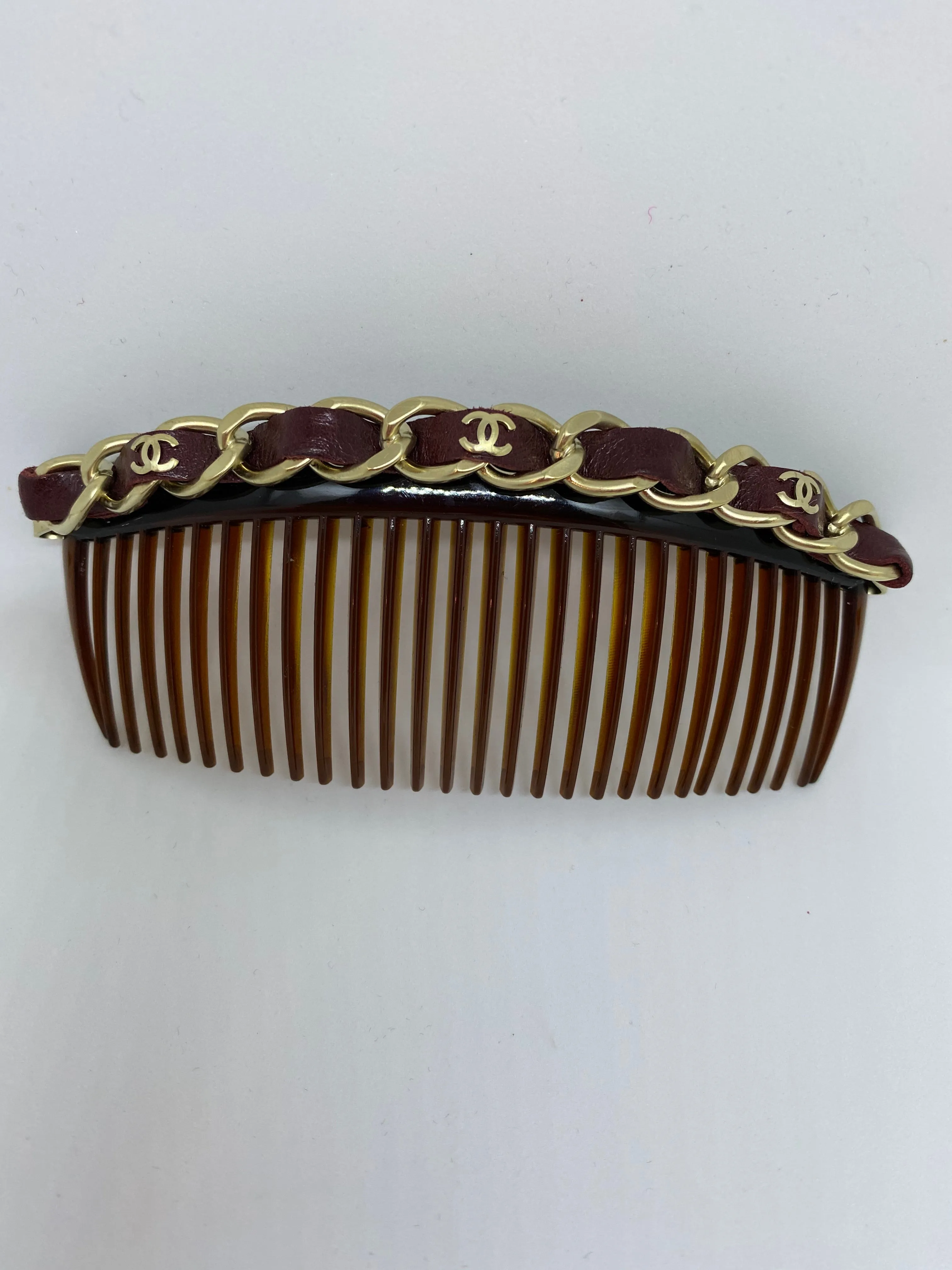 Chanel 2013 Bordeaux Burgundy Leather Hair Decorative  Accessory Comb Barrette Gold CC Logos