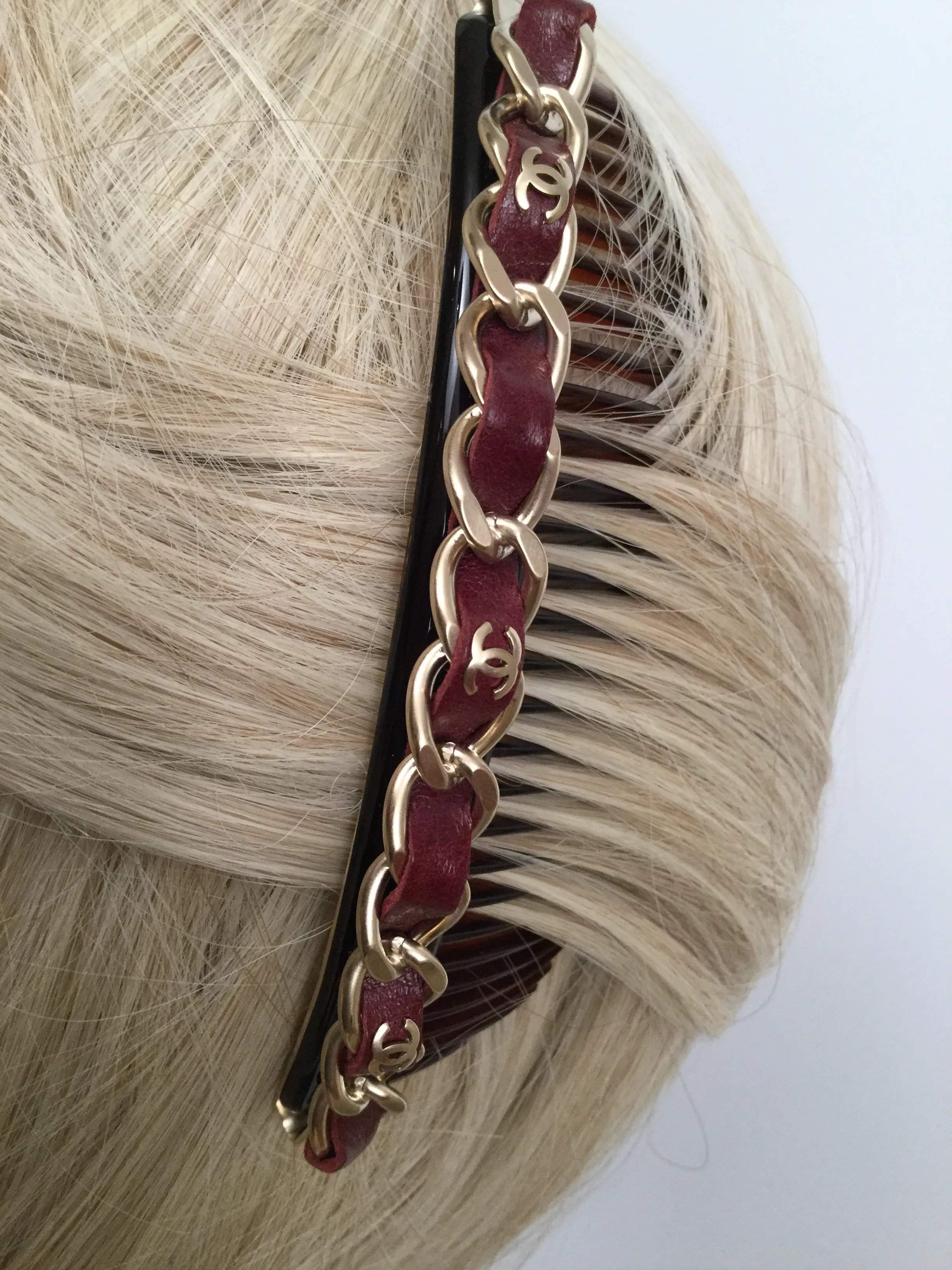 Chanel 2013 Bordeaux Burgundy Leather Hair Decorative  Accessory Comb Barrette Gold CC Logos