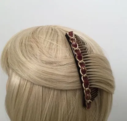 Chanel 2013 Bordeaux Burgundy Leather Hair Decorative  Accessory Comb Barrette Gold CC Logos