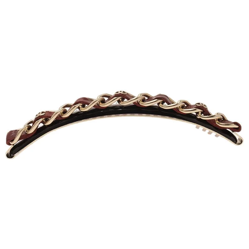 Chanel 2013 Bordeaux Burgundy Leather Hair Decorative  Accessory Comb Barrette Gold CC Logos